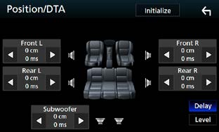 Lydkontroll Styring av DTA-posisjon Du kan finjustere din lytteposisjon. 1 Trykk på [Adjust] (juster). 2 Trykk på [Delay] (forsinkelse).