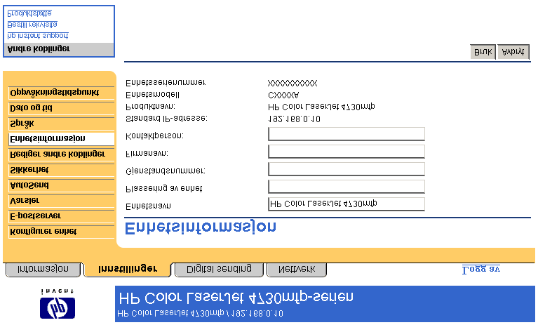 Enhetsinformasjon Bruk Enhetsinformasjon-siden for å gi enheten navnet du ønsker, tildele et gjenstandnummer og konfigurere firmanavnet, kontaktpersonen for enheten og enhetens fysiske plassering.