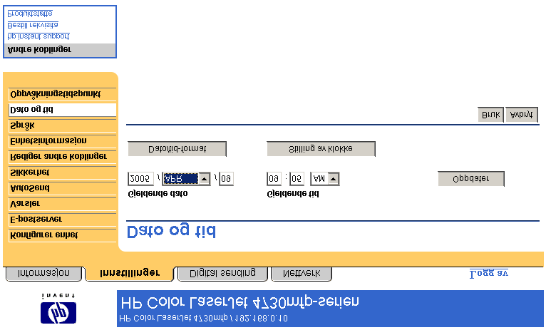 Innstillinger Dato og tid Bruk Dato og tid-siden for å oppdatere produktets klokkeslett. Illustrasjonen og tabellen nedenfor beskriver hvordan du bruker denne siden.