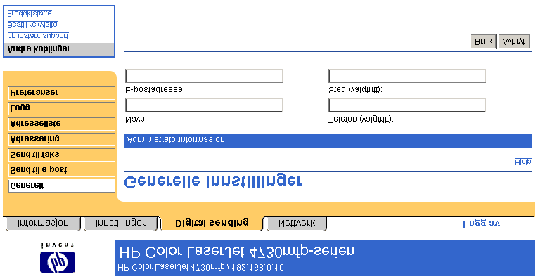 Digital sending Generelt Bruk Generelt-siden til å angi administratorinformasjon for digital sending. Illustrasjonen og tabellen nedenfor beskriver hvordan du bruker denne siden.