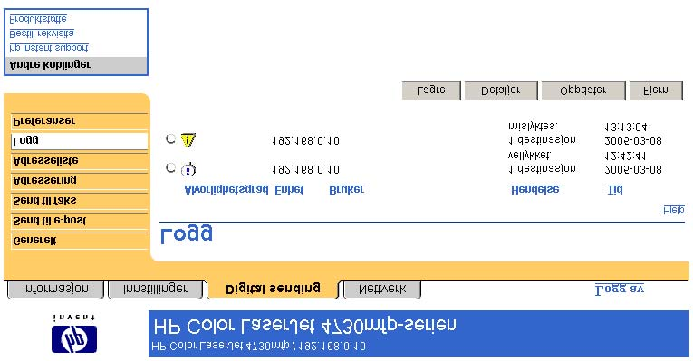 Digital sending Logg Bruk Logg-siden til å vise informasjon om digitale sendejobber, inkludert eventuelle feil som oppstår. Illustrasjonen og tabellen nedenfor beskriver hvordan du bruker denne siden.
