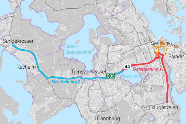 Figur 3: Oversikt over delstrekning 1 og delstrekning 2, Bussveien Sundekrossen sentrum - Hillevåg Mål med planarbeidet Det er definert både effektmål og resultatmål for planarbeidet som skal sikre