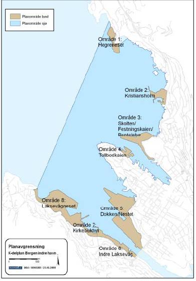 Kommunedelplan for Bergen indre hamn omfattar dei sentrale hamneområda i Bergen indre hamn (Dokken, Nøstet og Festningskaien/Skoltegrunnskaien/Bontelabo), samt Hegreneset, Kristiansholm, Tollbodkaien