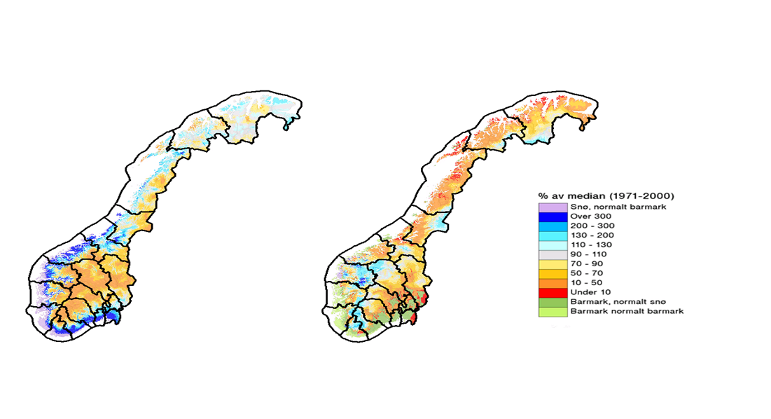 1.1.5 Snø Snøsituasjonen ved utgangen av 21 og 211 er vist i figur 1.1.6. I store trekk var det meir snø i fjellet i Sør-Noreg, og mindre langs kysten og i Nord-Noreg, enn ved førre årsskifte.