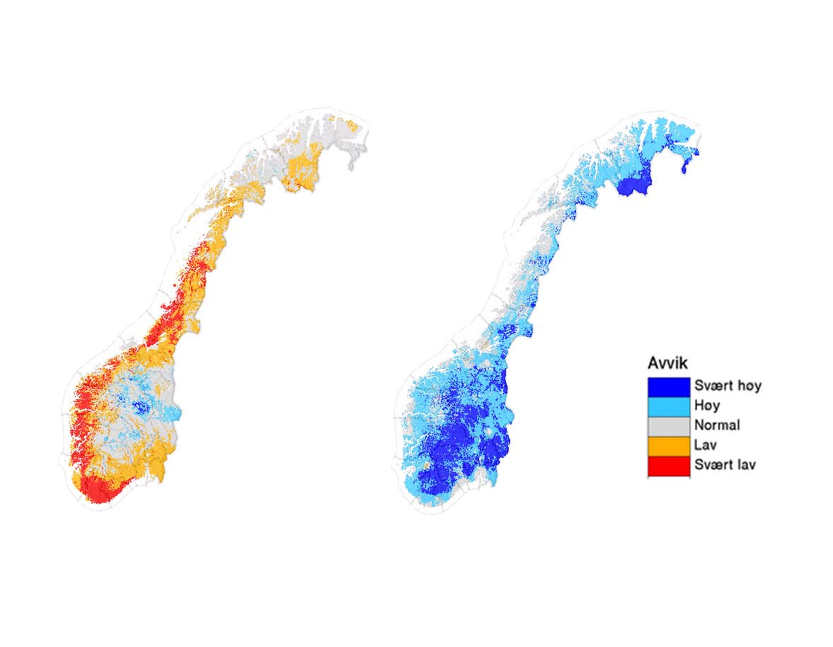 1.1.6 Grunn- og markvatn Grunnvasstanden ved dei to siste årsskifta er vist i figur 1.1.8. Karta syner at grunnvasstanden for eitt år sida var normal eller lågare enn normal i det meste av landet.