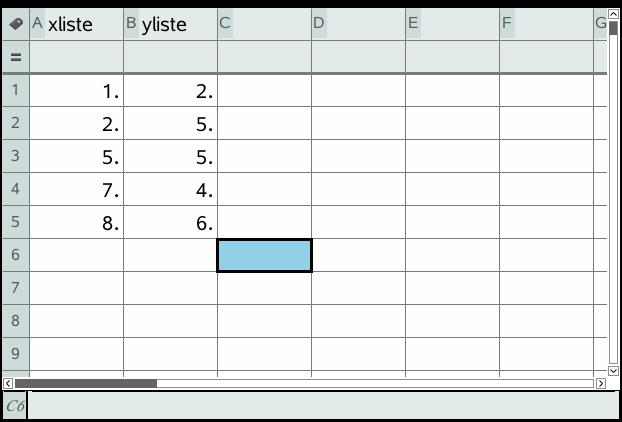 Eksempel: Vi skal lage spredningsdiagrammet fra side 156 i læreboka, altså med utgangspunkt i følgende verditabell: x 1 2 5 7 8 y 2 5 5 4 6 I en ny oppgave legger vi til en side med «Lister &