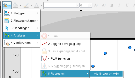 Da får vi tegnet inn regresjonslinja sammen med funksjonsuttrykket.