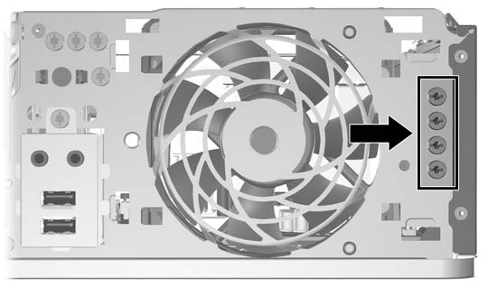 Figur 2-20 Plassering av ekstra M3-styreskruer for optisk stasjon FORSIKTIG: Slik forhindrer du tap av arbeid og skade på datamaskinen eller en stasjon: Hvis du setter inn eller tar ut en stasjon, må