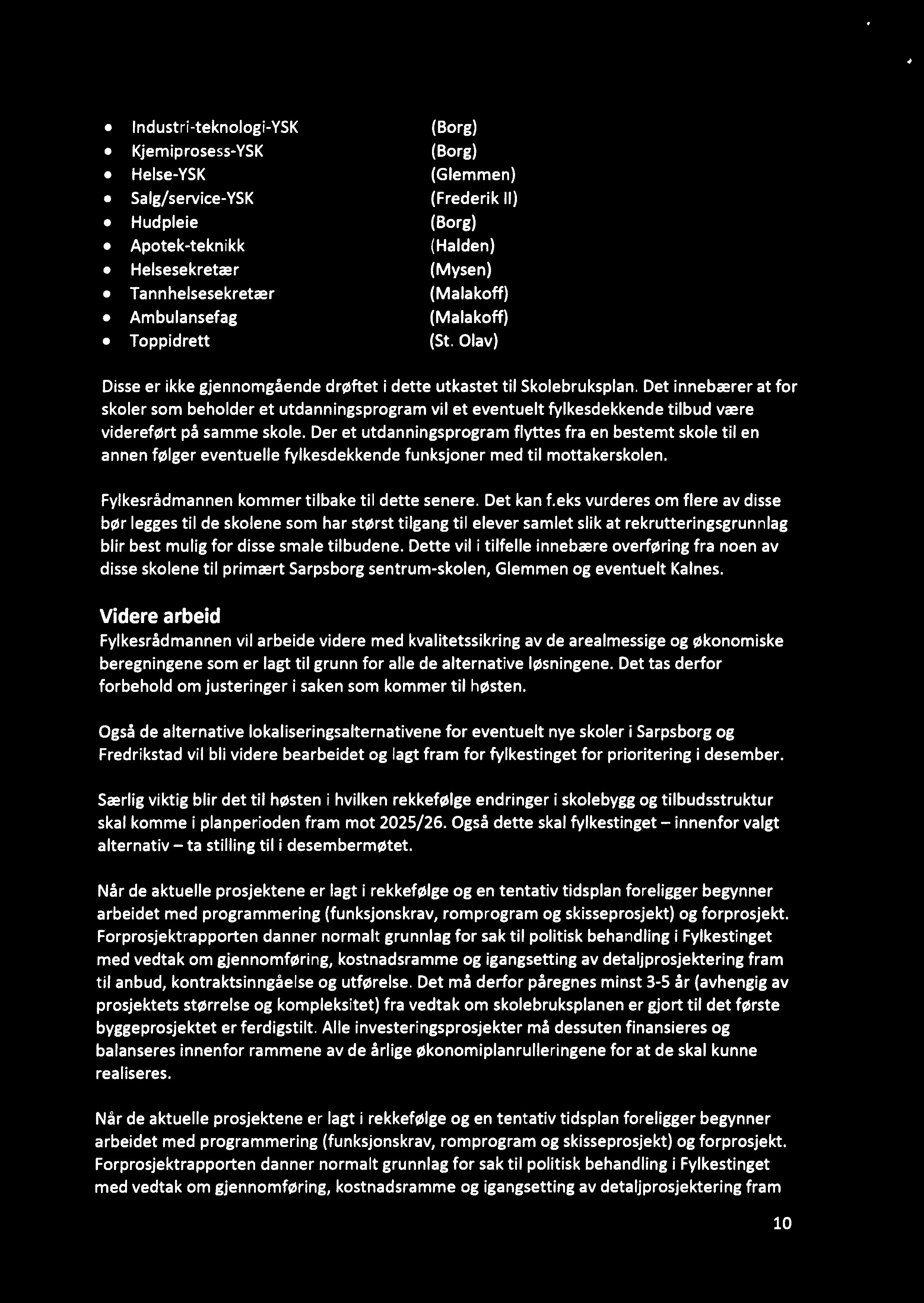 Industri-teknologi-YSK (Borg) Kjemiprosess-YSK (Borg) Helse-YSK (Glemmen) Salg/service-YSK (Frederik II) Hudpleie (Borg) Apotek-teknikk (Halden) Helsesekretær (Mysen) Tannhelsesekretær (Malakoff)