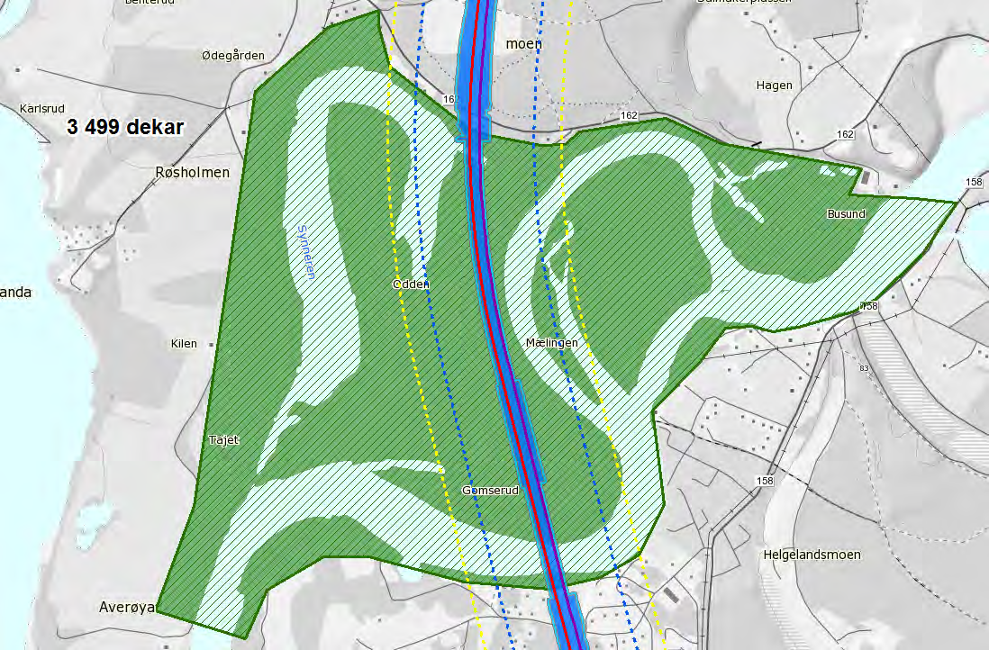 60 av 163 Figur 17: Forslag 2. Arealavgrensning landskapsøkologiske effekter Storelva inkludert Busund- Synneren. Rød linje er ny E16, lilla linje er ny bane.