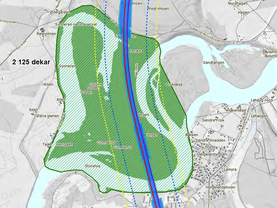 Gul stiplet linje er 300 m korridor fra linja. Figur 18: Forslag 3. Arealavgrensning landskapsøkologiske effekter Storelva og Synneren.