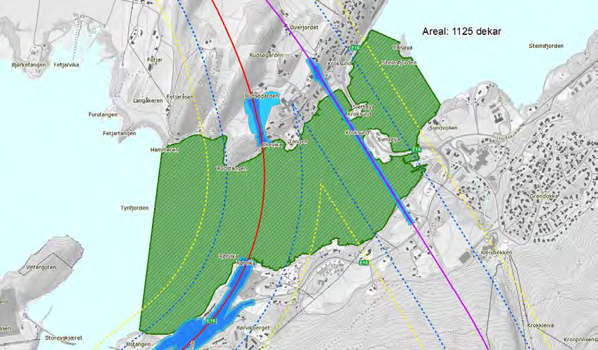 61 av 163 Figur 19: Arealavgrensning landskapsøkologiske effekter Kroksund. Rød linje er ny E16, lilla linje er ny bane. Blå farge viser arealbeslag.