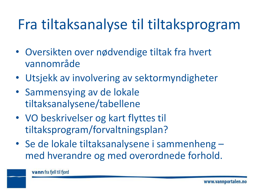 VRM mottar tiltaksanalysen fra vannområdene. Oversikten over nødvendige tiltak fra hvert vannområde settes så sammen til et regionalt tiltaksprogram.