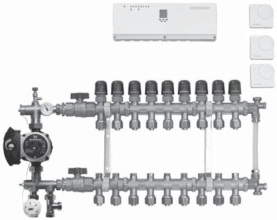 Uponor Push 22A I basisutgaven, for regulering av konstant turtemperatur, styres turvannstemperaturen av en selvvirkende termostat med giver montert etter sirkulasjonspumpen.