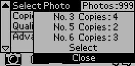Bildenummeret og antall eksemplarer blir registrert i undermenyen Select Photo (Velg bilde). 7 8 9. Repeter trinn 4 til 8 for å registrere flere bilder. 10.