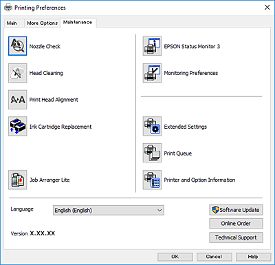 Nettverkstjeneste og programvareinformasjon Kategorien Vedlikehold Du kan utføre vedlikeholdsfunksjoner, slik som dysekontroll og rengjøring av skriverhodet, og hvis du starter EPSON Status Monitor 3