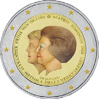 Beatrix av Nederland, her markert på en flott 2-Euro med dobbeltportrett.