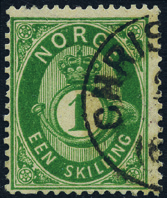 nr.: 3365 1 skilling blek blågrønn posthorn 1872/75.