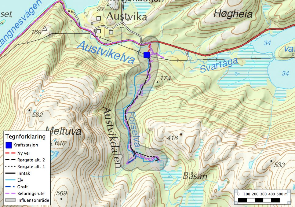 er på ca 4,0 km 2, restfeltet har en ubetydelig størrelse i forhold til dette på 1,5 km 2. Vannet føres fra inntak til kraftverk i et 1650 m langt nedgravd rør (Fig. 2 og 5).