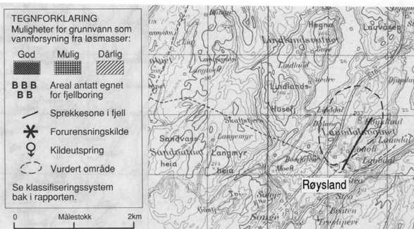 RØYSLAND Det vurderte området er angitt på Figur 1. Oppgitt vannbehov er 1,2 l/s, basert på 300 pe og 350 l/pers/døgn.