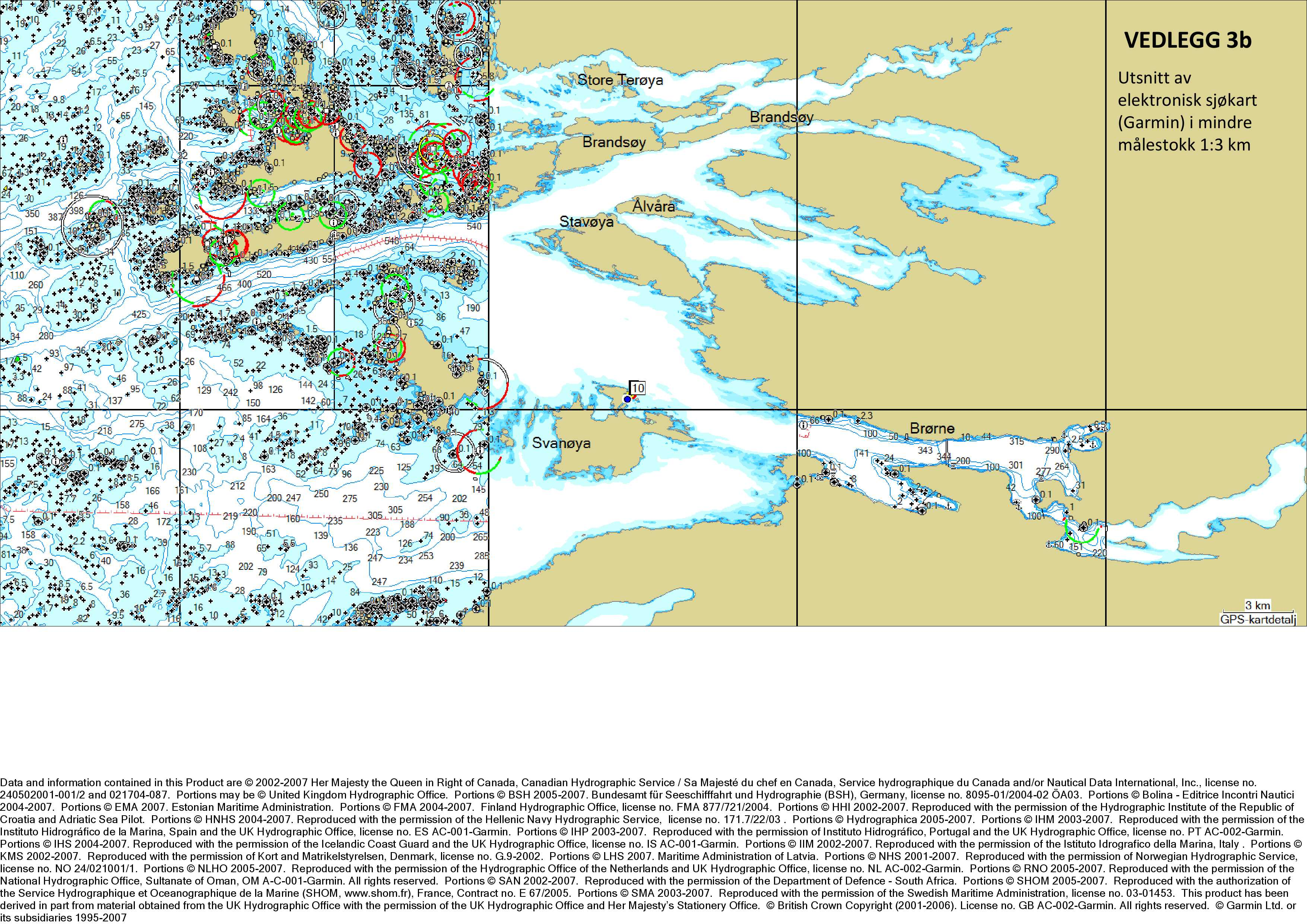 VEDLEGG 3b Utsnitt av elektronisksjøkart (Garmin)i mindre målestokk1:3 km Data and information contained in this Product are 2002-2007 Her Majesty the Queen in Right of Canada, Canadian Hydrographic