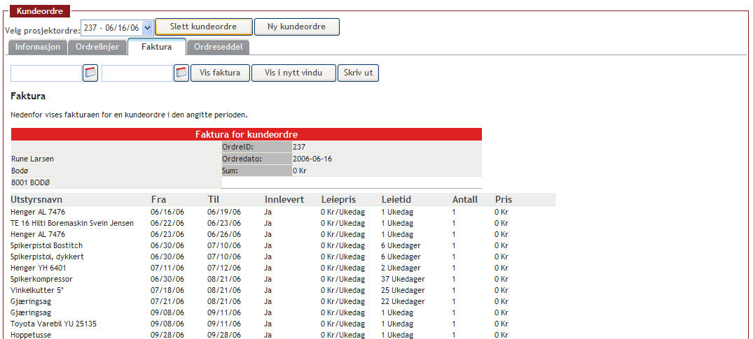 Registrer ny ordrelinje Nullstill Vis ordreseddel Skriv ut ordreseddel Faktura Her vil man kunne se faktura for en gitt ordre.