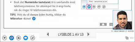 Lync 2013 18 Gi kontroll over delingsøkten til andre Du kan tillate andre å styre delingsøkten, bidra med informasjon, gjøre endringer i et dokument eller demonstrere et program. 1. I delingsfeltet øverst på skjermen, klikker du Gi kontroll.