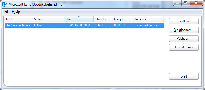 Lync 2013 26 Spille av et opptak Når opptaket er stoppet, vil Lync automatisk lagre det i et format som spilles av i Windows Media Player og Zune.