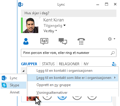 Lync 2013 27 Lync og Skype Kommunikasjon mellom Lync og Skype Det er mulig å ringe fra Lync til Skype og motsatt. Ikke all funksjonalitet er tilgjengelig mellom Lync og Skype.