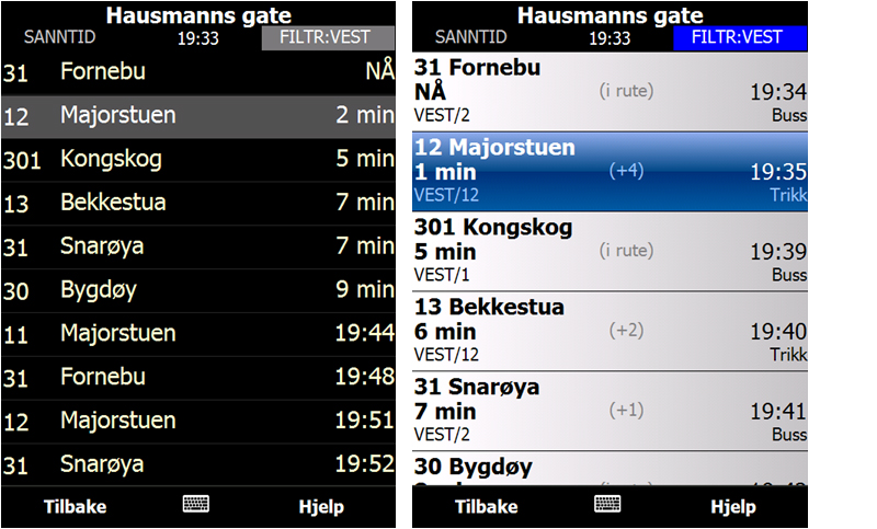 Fig. 4: Vanlig visningsmodus for Trine-I-Farta (til venstre), Detaljert visningsmodus, som I tillegg viser kjøreretning og detaljinformasjon om eventuelle forsinkelse (til høyre).