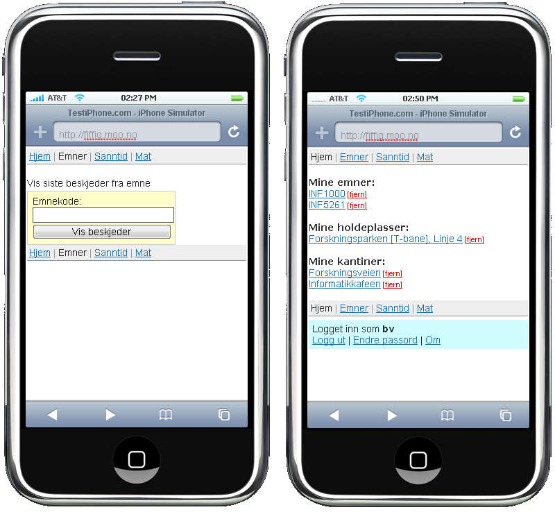 Prototype Fig. 2: Forsiden til systemet vårt. Til venstre uten innlogging, til høyre etter innlogging Skjermbildene er laget vha testiphone.