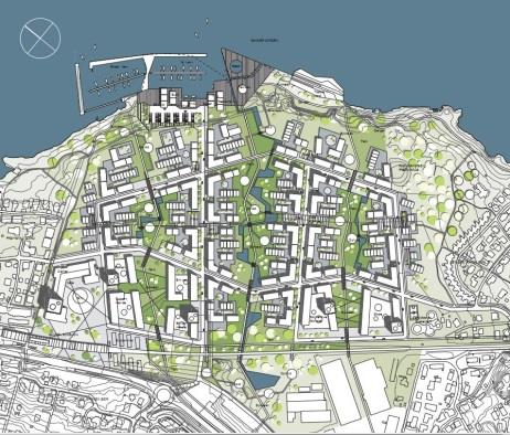29 Situasjonsplan alternativ 3 Skjematisk perspektiv av bebyggelse, volumoppbygging og grønnstruktur.
