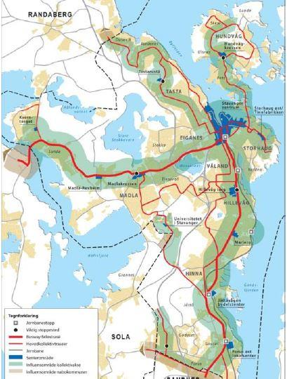 50 Temakart byutviklingsstrategi fra Kommuneplan for Stavanger 2014-2029. Store deler av planområdet ligger innenfor influensområde kollektivakse.