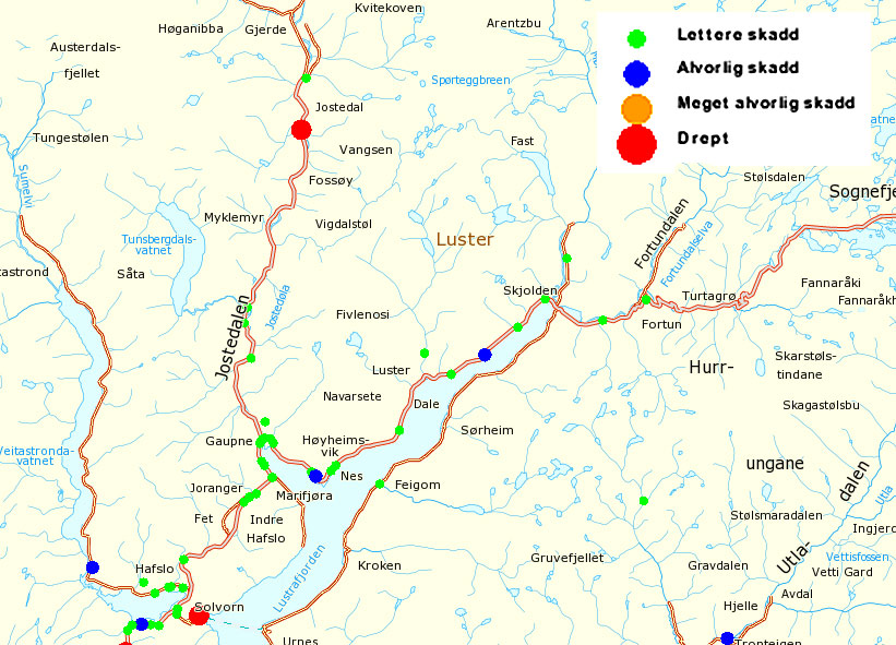 Ulykkeskart frå Statens Vegvesen som viser kvar dei ulike ulykkene i Luster kommune skjedde i perioden 2000-2007.