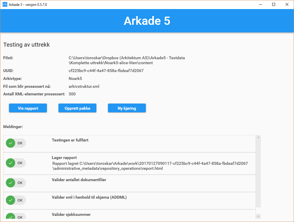 Test kjøring vindu for Norak5. Etter ADDML og Noark5 testkjøringeer er det anledning til å lage en AIP eller SIP pakke. Klikk på Opprett Pakke for å gå videre.