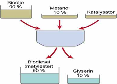 Figur 3: Omforestring av bioolje til biodiesel krever innsats av metanol og katalysatorer.