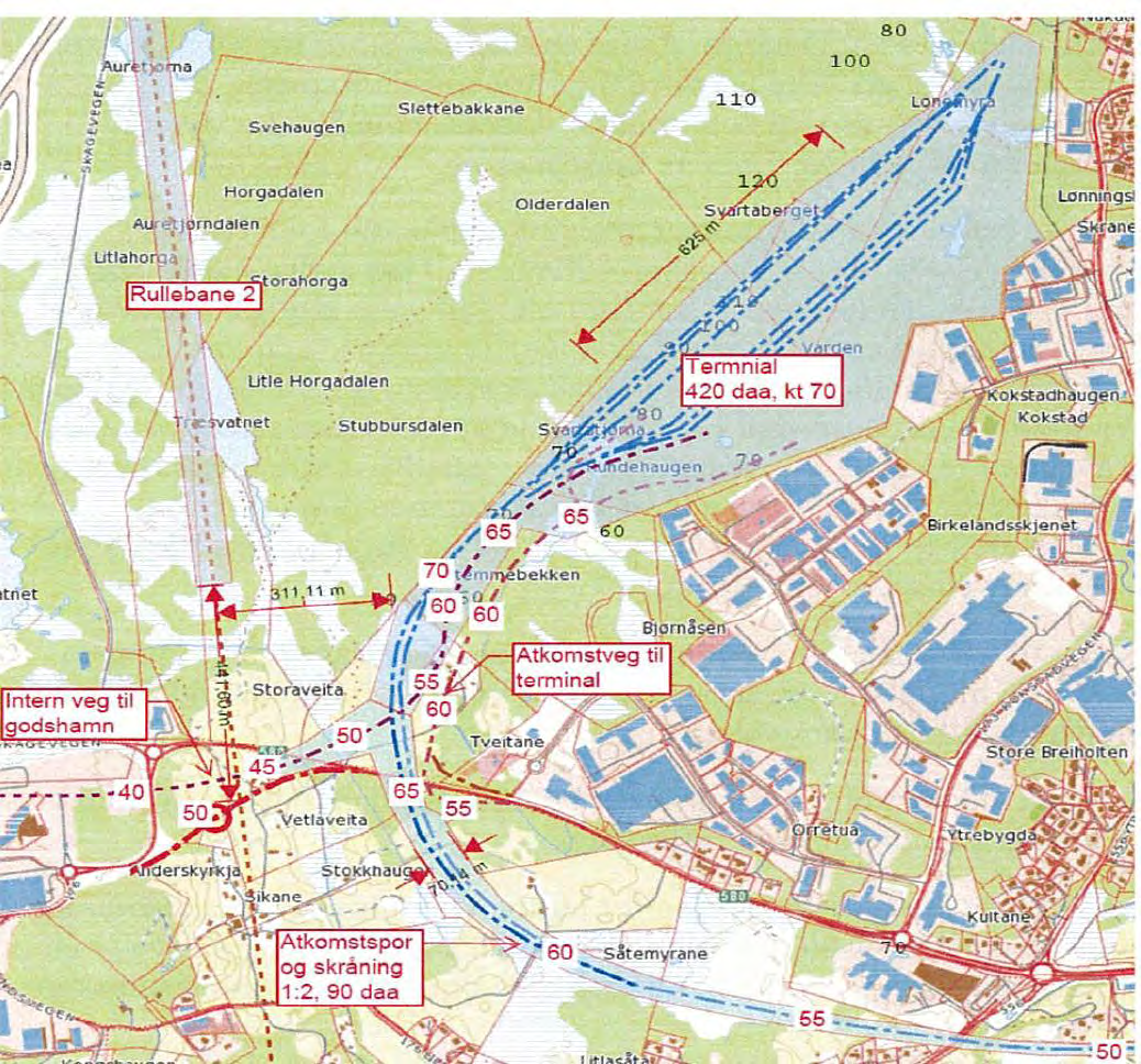 Figur 4.2: Plassering av jernbaneterminal på Storrinden. Området for verksted-depot grenser mot terminalområdet. 4.2 KOMMUNEPLANENS AREALDEL 2010 