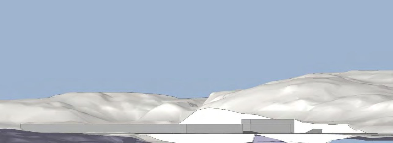 Figur 8.7: 3D-skisse som anskueliggjør mulig ny situasjon for område A sett fra flyplassområdet mot Lønningstjern. Møblering av arealet med bygg er gjort som et eksempel og er ikke bearbeidet ift.