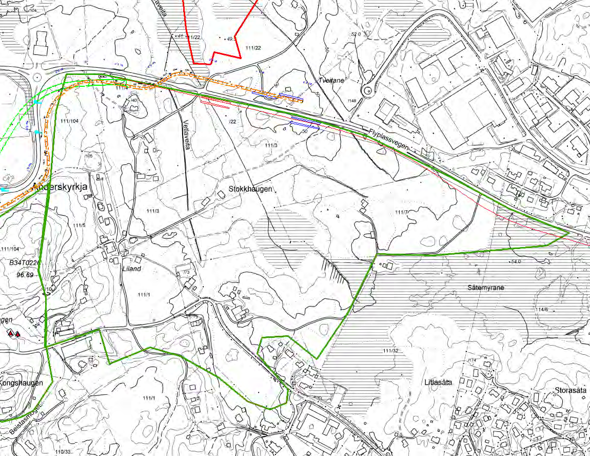 KM6 Figur 9.5: KM6 Liland ligger sør for Flyplassvegen. KM5 Lønningen ligg vest for og i kant med KM6. Depotalternativ D ligger nord for KM6, vist med rødt.