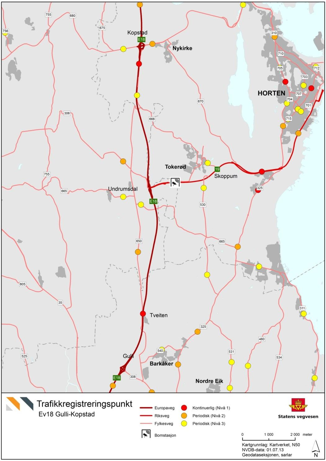 Fig. 2: E18 Gulli - Kopstad. Prosjektstrekning med tellepunkt. Noen sentrale dokumenter Kommunedelplan (2001, Tønsberg, Re og Horten) Reguleringsplan (2002, Tønsberg, Re og Horten) St.prp. nr.