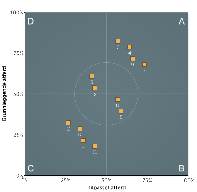 Kvaliteter presentert skjematisk 1: Resultatorientert 2: Selvmotiverende 3: Uavhengig 4: Påvirkende 5: Entusiastisk 6: Selvhevdende 7: Utholdende 8: Omtenksom 9: Bestemt 10: Samarbeidsvillig 11: