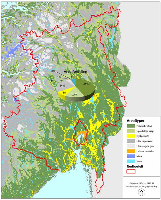 Figur 2. Ytre Oslofjords nedbørfelt fjorder. Noen av disse er Drammensfjorden, Grenlandsfjordene og det store brakkvannsestuaret ved Hvaler, figur 1. Ytre Oslofjord dekker et sjøareal på ca.