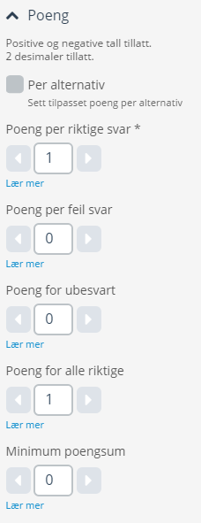 Flervalg (multiple choice) Enkel løsning for poenggivning for denne oppgavetypen: Ikke kryss av for Per alternativ. Bruk bare boks 4, Poeng for alle riktige.