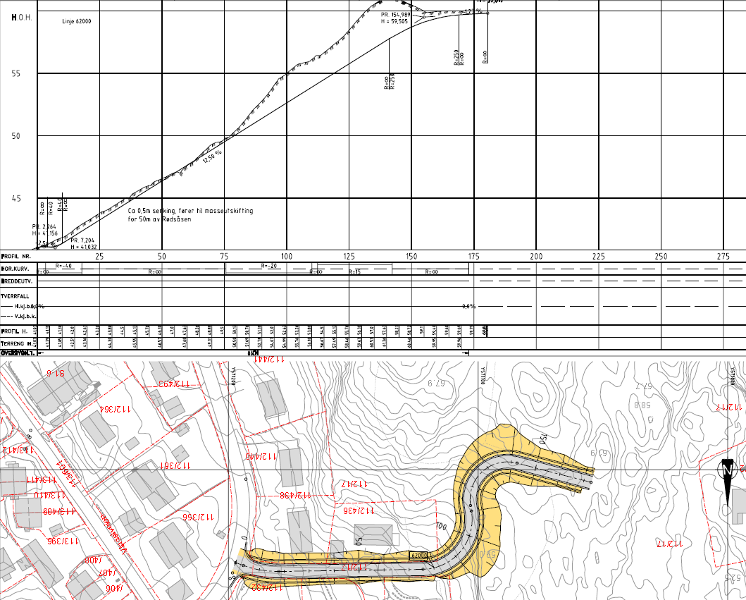 Side 7 av 11 På skissen under vises plan og profil for en utbedret stikkvei med stigning på 12,5%. Da ville stikkveien måtte senkes med opptil 0,5m.