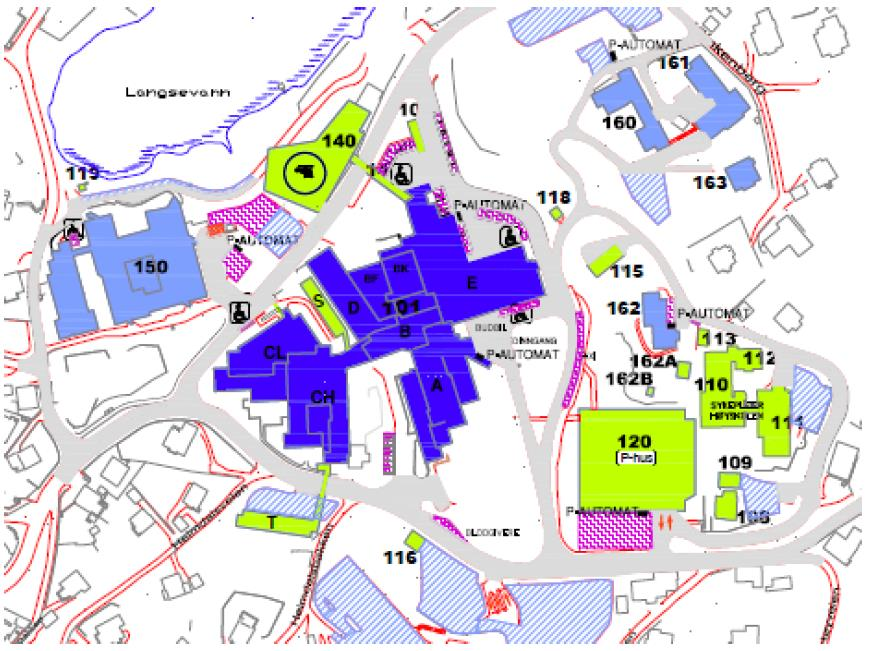 Bygget for psykisk helsevern (bygg 150) er lokalisert i tilknytning til det somatiske sykehusets hovedbygg (bygg 101) i