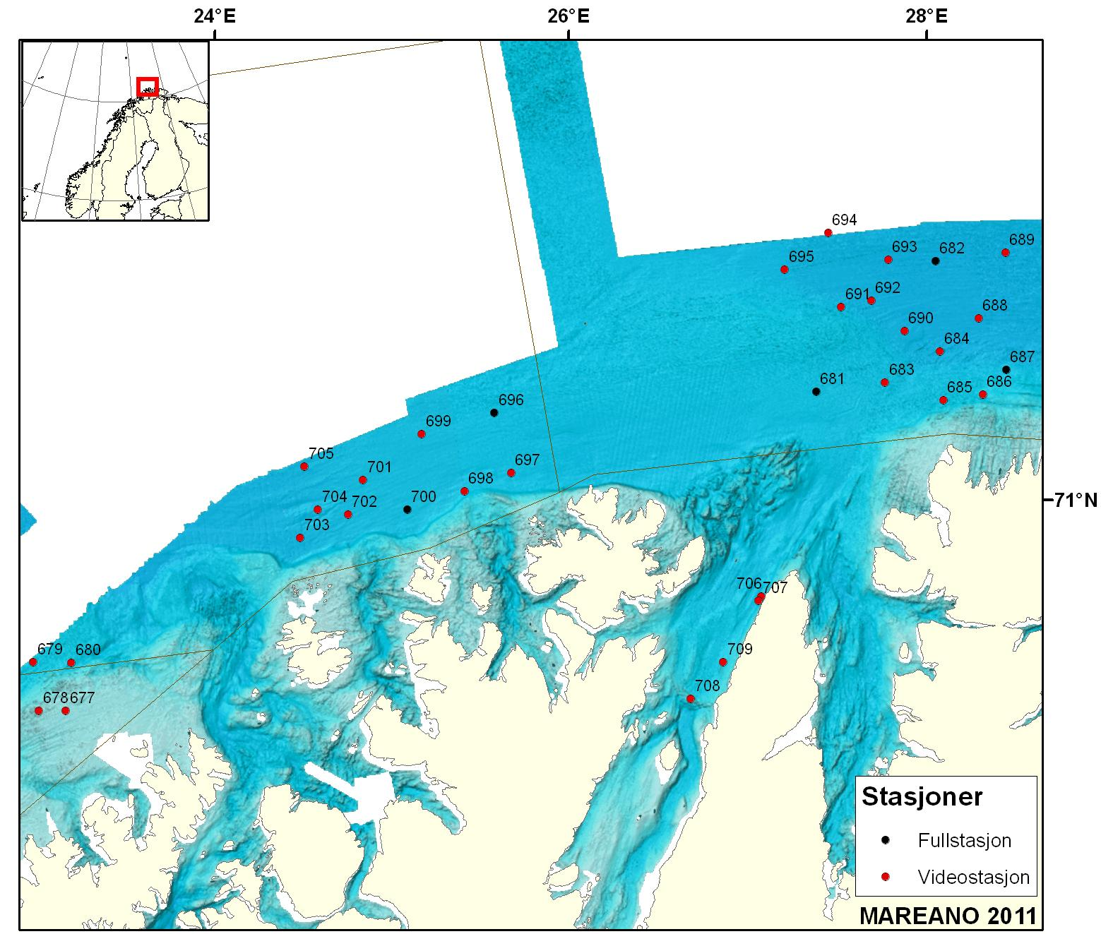 Fig. 5.1. Sampled stations off Vest-Finnmark. Visual samples, i.e. 700 meter long video-lines, are shown by red dots.