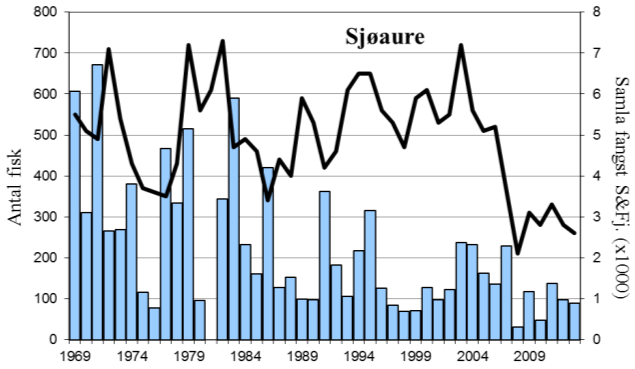 Fangsten av sjøaure (90 fisk) var ein liten reduksjon i høve til 2012, og eit av dei svakare resultata for elva.