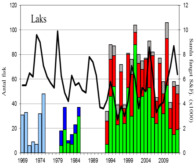 Rekordfangsten i 2010 (106 laks) var relativt sett betre enn i resten av fylket, medan fangstane i 2011 og 2012 var for låge i høve til det ein skulle venta.