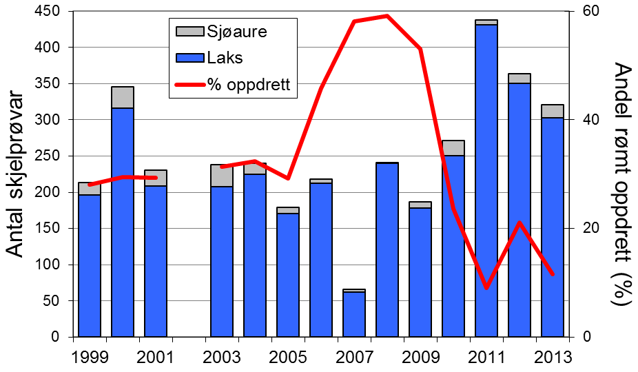 Det er ingen klar samanheng mellom utviklinga for sjøauren i Vikja og fylket elles. Skjell 2013 FIGUR 1. Fangst av laks og sjøaure i Vikja i perioden 1969-2013 (antal, stolpar).