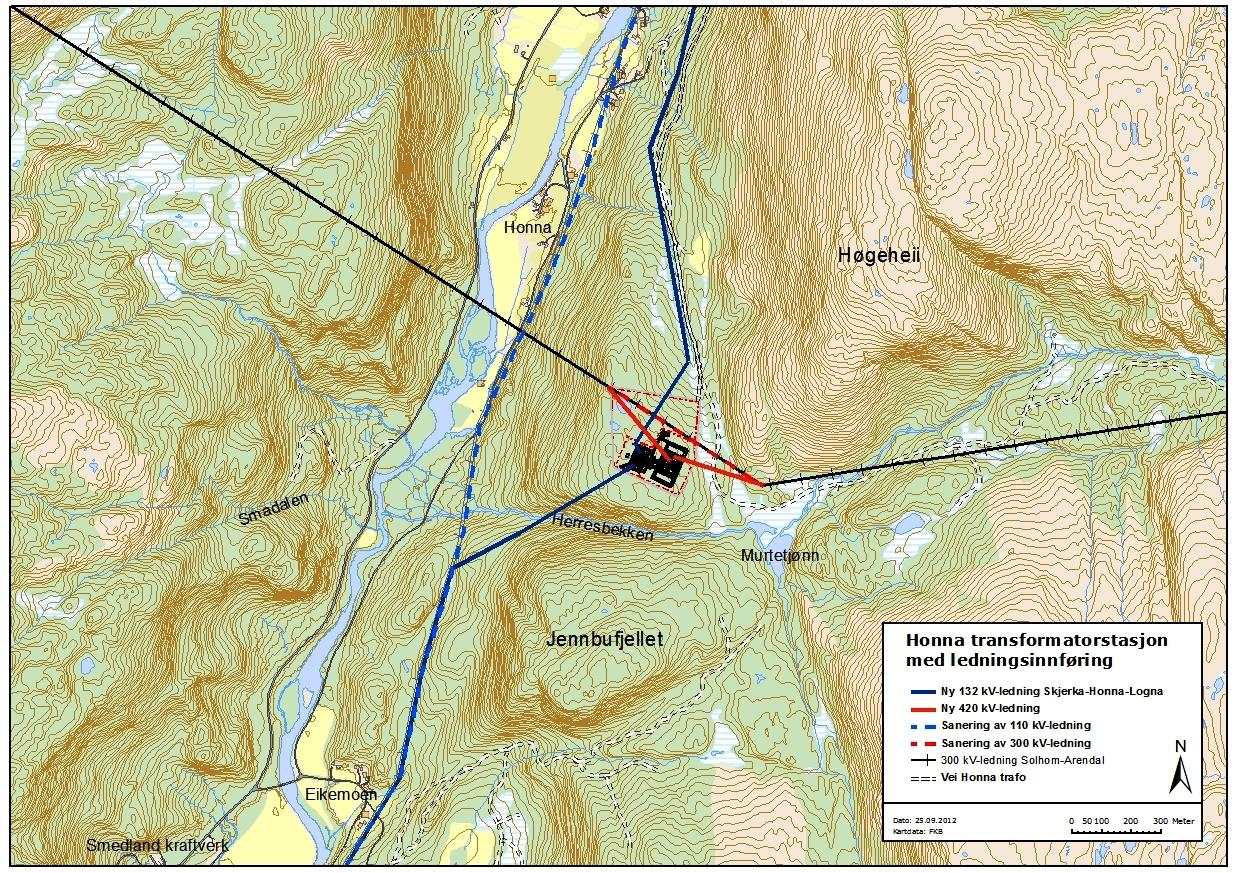 6.3 Planlagte tiltak i regionalnettet Regionalnettlinjen fra Skjerka til Logna må også innom nye Honna TS. Dette først og fremst for å gi bedre tilknytning mellom Skjerka TS og Honna TS.